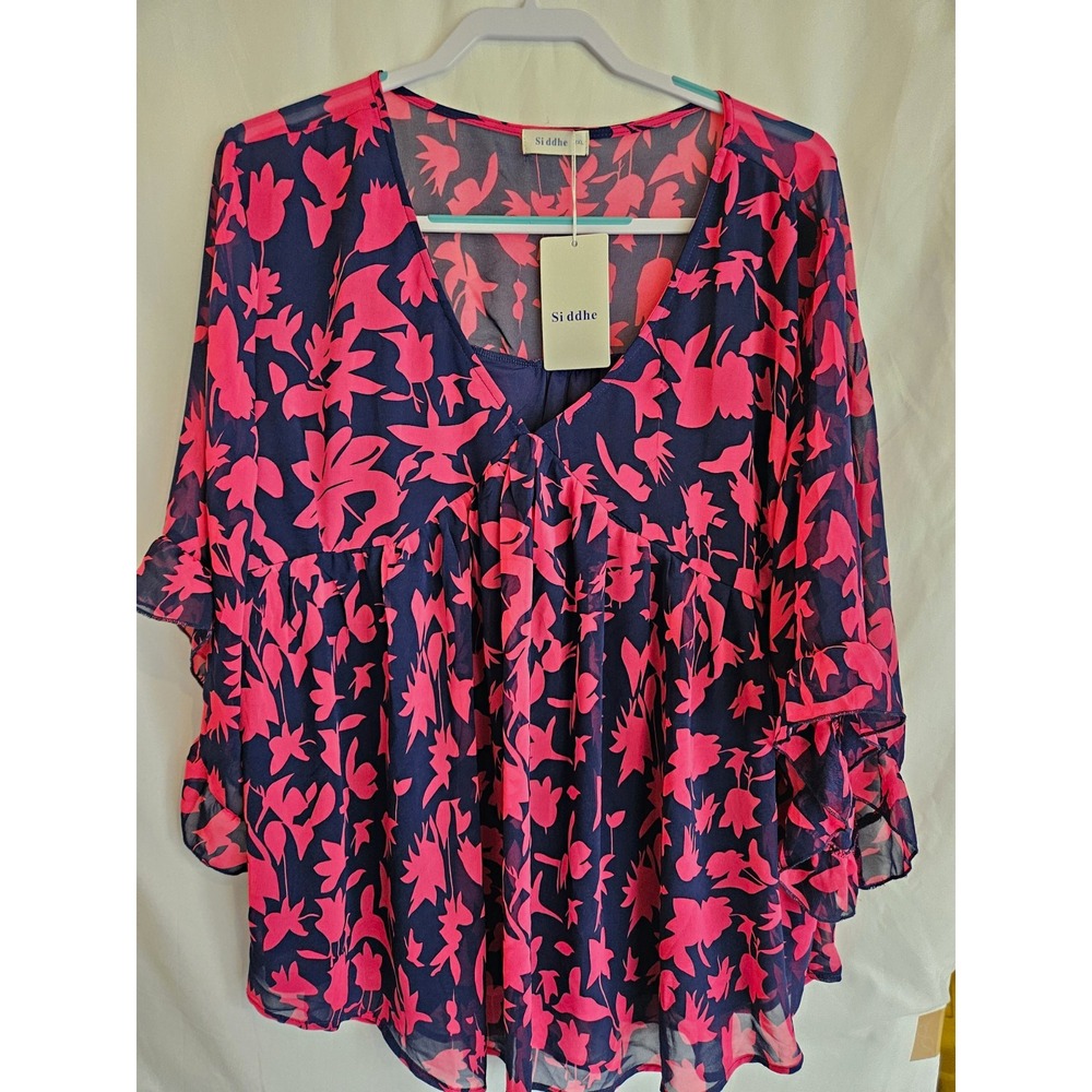 Si ddhe Womens 2XL Navy Pink Floral V-Neck Tunic Blouse 3/4 Ruffle Sleeve